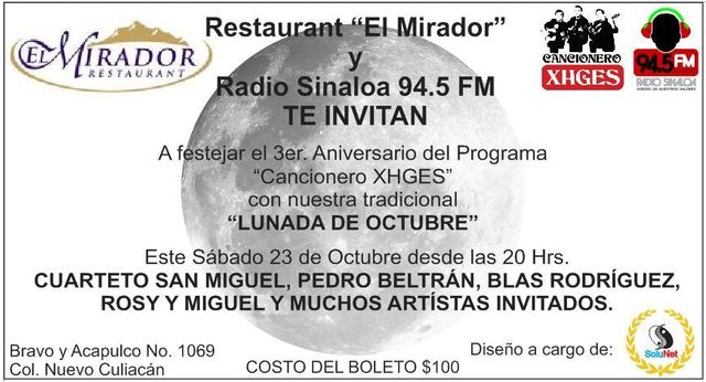 Diseño de boleto de Fiesta de 3er Aniversario de cancionero de Radio Sinaloa
